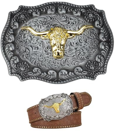 AWOCAN Gürtelschnalle Herren Western Gürtelschnalle Longhorn Bull Head/Flying Eagle Große Schnalle Gürtel geprägte Blumen Gürtel für Männer und Frauen (B)