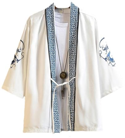 Männer Chinesische Hanfu Japanische Kimono Strickjacke Männer Jacke Alten Stil Gedruckt Alte Kostüm Robe Cape Streetwear White XXL