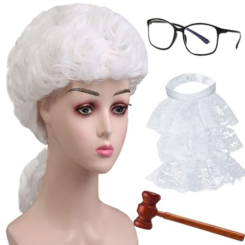 SQAQS 4Pcs Richter Kostüm Zubehör, Unisex Erwachsene Richter Kostüm, Richter Holz Hammer und Schwarze Brille, Perücken mit Zopf, Richter Bluse Kragen, Cosplay-Perücke, für Rechtsanwälte(Weiblich)