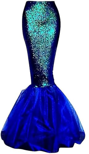 SANSIWU Damen Meerjungfrau Schwanz Kostüm Pailletten Maxirock Metall Holografische Schuppen Druck Slim Fit Meerjungfrau Rock mit Perlenkette für Cosplay Party, A-Blau 1, 36