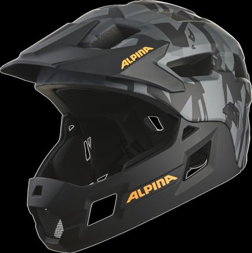 ALPINA RUPI - Fullface-Helm für Kinder, optimaler Schutz und Sicherheit, individuell anpassbar, Black-camo orange matt, 50-55 cm
