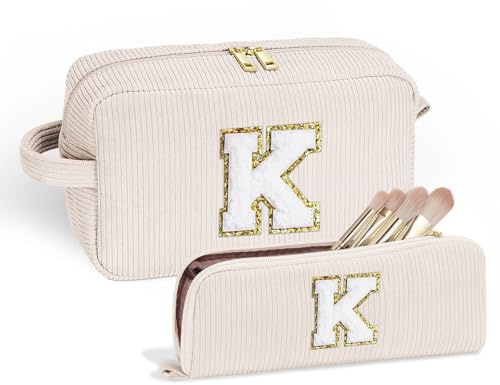 Parima Kosmetiktasche Mädchen, Cord 2 Stück Kosmetiktasche mit Buchstaben K | Geburtstagsgeschenk für Mädchen, Buchstaben Kosmetiktasche Kulturtasche, Make up Tasche, Mädchen Geschenke 8 9 10 11 12 Jahre
