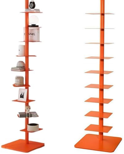9-Tier Metal Spine Bookshelf Narrow Bookcase DIY Three-sided Free Rotation Adjustment Vertical Tower for Booksfor Small Spaces Tall & Narrow Ladder Bookcase (Orange,15.8D x 15.8W x69H)