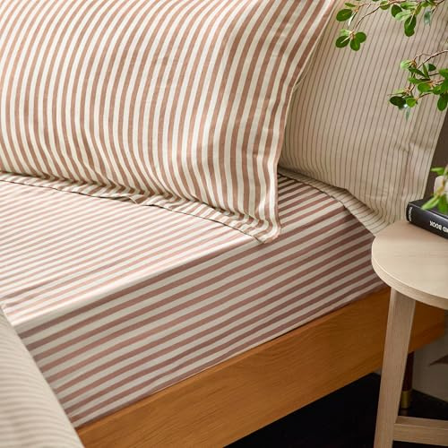 Yard Hebden Midi Stripe Fitted Sheet – Ultra Soft 100% Cotton Striped Bed Sheet (Pecan – Double – 137x190x32cm)