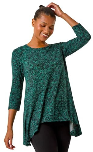 Roman Originals Floral Print Hanky Hem Stretch Top for Women UK - Ladies Everyday Holiday Spring Summer Round Neckline Comfy Soft Evening Vacation Work Party - Green Noir - Size 10