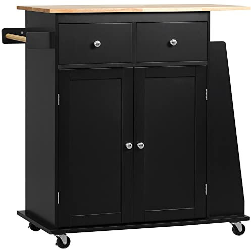 HOMCOM Carrello da Cucina con Armadietto, 2 Cassetti e Portaspezie a 3 Ripiani, Isola da Cucina Portavivande con Scaffale Regolabile, Porta Asciugamani e 4 Ruote con 2 Freni, 89x45x89.5 cm, Nero