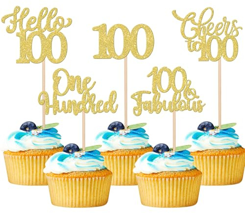 Xsstarmi 30 Pack Happy 100th Birthday Cupcake Toppers Gold Glitter Hello 100 Fabulous One Hundred Cupcake Picks Cheers to 100 Years Cake Decorations for Happy 100th Birthday Party Supplies