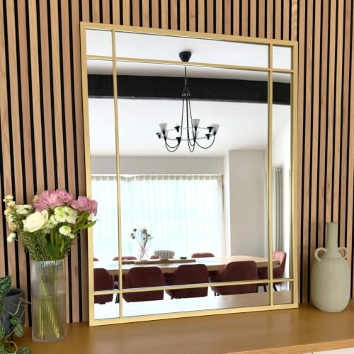 Jobu | Rectangle Mirror with Metal Window Frame Style in Gold – 95cm x 120cm for Bedroom, Hallway or Living Room | Aimi