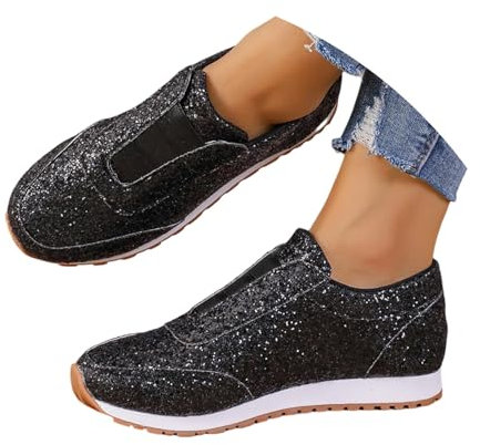Silberne Schuhe Damen elegant flach, Glitzer Schuhe Damen Flache Low Sneaker Karneval Pailletten Schuhe - Atmungsaktiv Silber Turnschuhe Party Outdoor Sportschuhe Laufschuhe Klettverschluss