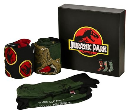 Elbenwald Jurassic Park Socken 3er Set für Herren Damen Unisex aus Baumwolle - Geschenkbox - Schwarz - 35-41