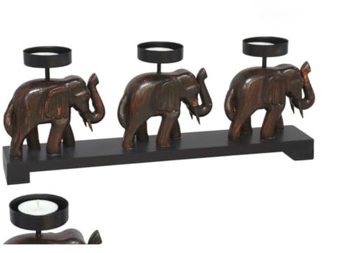 Decorative Candle Holder with 3 Wooden Elephants Tea Light Holder Rustic Style Black Base