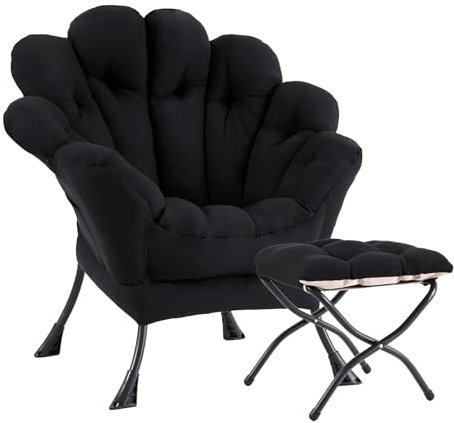 SESHINELL Blütenförmiger Relaxsessel mit Hocker, Loungesessel mit Metallrahmen, Lesesessel für Wohnzimmer, Schlafzimmer, Ankleidezimmer, Schwarz