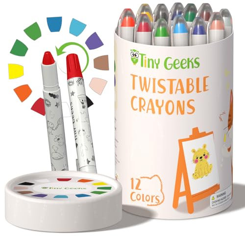 TinyGeeks 12 Drehbare Wachsmalstifte - Ungiftig für Kleinkinder 1-3 Jahre - Auswaschbare Wachsmalstifte für Kinder im Alter von 4-8 Jahren - Einfach zu Halten - Entfessle bunten Spaß