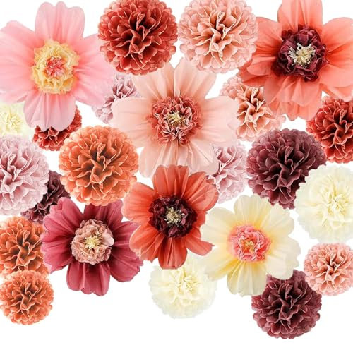 TREABEAR 24 Pezzi Carta di Seta Rosa Decorazione Battesimo Ragazza, Decorazione Matrimonio Campetre Fiori Carta, Carta Crepon Pompon Matrimonio Decorazione, Carta Di Seta Rosa Decorazione Compleanno