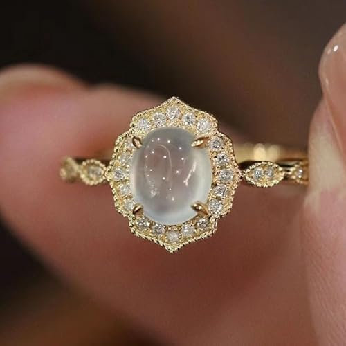 CHCWR 14k Gold Blumener romantischer Mondstein offener Ring mit Eiereis Ring natürlicher Mondstein Opal Einstellbarer Ring mit echten Diamanten für Frauen