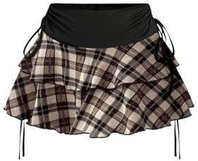 PRSFPN Damen Y2k Mini-Rüschenröcke mit Shorts, niedlicher Kokett-Skort, Braunes Plaid, Groß