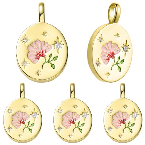 COGCHARGER 5 Pcs Rose Charms for Jewellery Making Round Gold Pendants Flower Charms for DIY Bracelet Necklace Earrings Jewellery Accessories