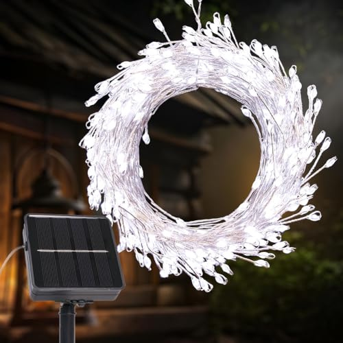 PCORES Solar‑Weihnachts‑Lichterkette, 6M 200 LED kaltweiß für Außen | Knallkörper‑Lichterketten, silberner Kupferdraht, solarbetrieben, blinkend für Girlande, Terrasse, Balkon, Weihnachten