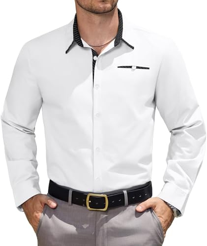Elainone Men's Dress Shirts Long Sleeve Formal Business Shirts for Men Contrast Colour Casual Shirts with Pocket White L