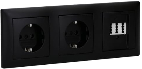 Busch-Jaeger balance® SI Telefon- & Steckdosen-Set 3-fach Schwarz matt | Rutenbeck TAE 3x6 NFN Telefondose mit Zentralscheibe, 2× 20 EUC-915 SCHUKO Steckdose und 2513/915 Rahmen 3-fach