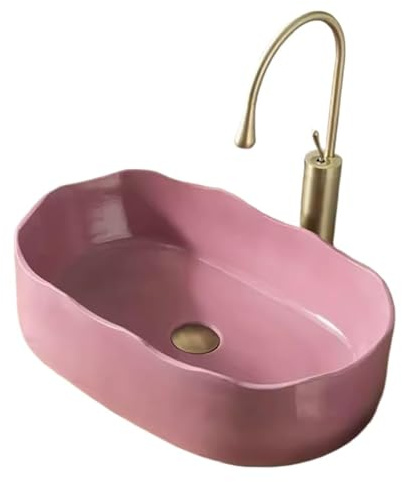 LMXRYPD Modernes Badezimmerwaschbecken, Rosa Keramik-Aufsatzwaschbecken mit Goldener Armatur und Pop-up-Ablauf, für Badezimmer, Waschtisch, Balkon, Innenhof