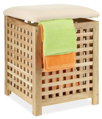 Wäschekorb mit Sitz aus Walnussholz – Gepolsterter Wäschehocker mit Stauraum, Wäschetruhe & Aufbewahrungsbox für Bad, Schlafzimmer, Handtücher, Decken – Platzsparend, Modernes Design
