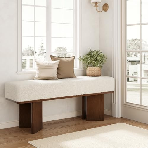 Tribesigns 47-in Entryway Bench with Cushion, Modern Shoe Bench, Rectangle End of Bed Bench for Bedroom, Ivory Tufted Upholstered & Brown Wooden Pedestal, Long Bench for Living Room Hallway