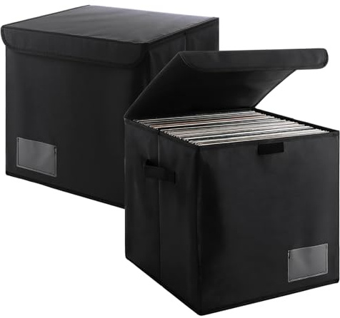 YOUNTHYE 2 Pack Vinyl Record Storage Box, 33x33x33 cm Foldable Vinyl Record Holder Stackable LP Storage Boxes Holds up to 120 Records with Lid & Handles