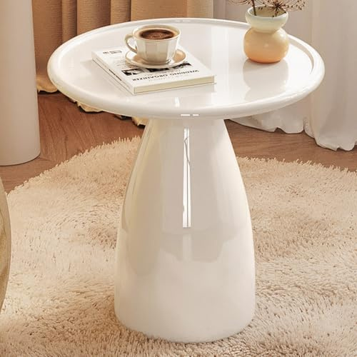 FURTOGUYI Modern High Gloss White Round Side Table, Smooth Rounded Edges, Stable & Safe Space-Saving Small Coffee Table, Minimalist Style for Living Room, Bedroom or Office