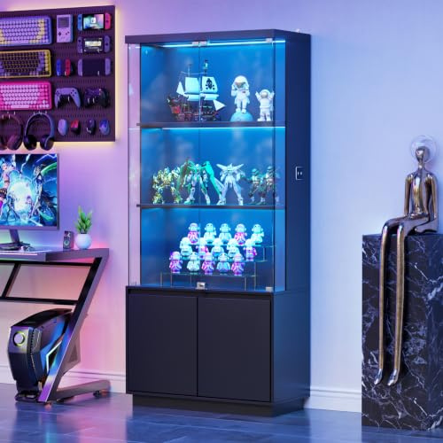 TWSOUL Glasvitrine mit LED-Beleuchtung, Bewegungssensor und Schloss, mit Unterschrank und 3 Lichtfarben, 75 × 38 × 180 cm