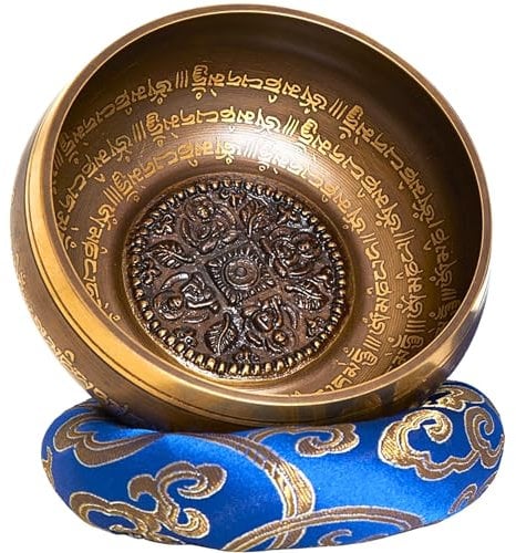 XL Bol chantant fait main au Népal – set tibétain pour la méditation – Yoga – Fuseau en palissandre avec du cuir – Box de papier Lokta