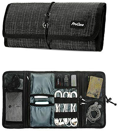ProCase Travel Gear Organizer Electronics Accessories Bag, Small Gadget Carry Case Storage Bag Pouch for Charger USB Cables SD Memory Cards Earphone Flash Hard Drive -BlackPlaid