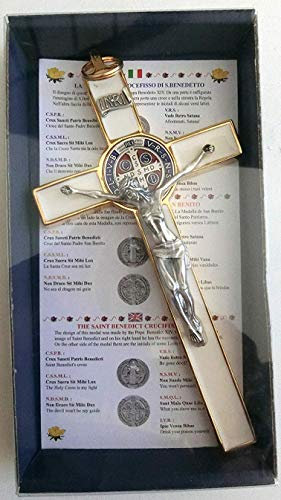 GTBITALY Weißes Kreuz mit Behälter Box Gift Saint Benedict Exorzismus 20 cm emailliert Wandkreuz