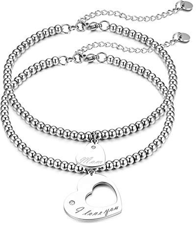 JewelryWe Schmuck 2pcs Mutter und Tochter Armbänder Damen Edelstahl Herz Perlenarmband Charmsarmband Perlen Armband Armkette mit I Love You Mom Gravur Silber