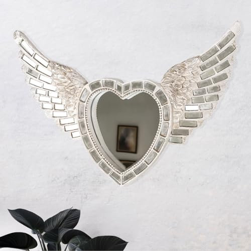 HomeZone Wandspiegel, Vintage-Stil, Shabby-Chic-Stil, verschiedene Engelsflügel, herzförmig, gefedert, abgerundetes Holz, mit Herz-Dekor, Wandmontage, glas, Mosaic Heart Wings