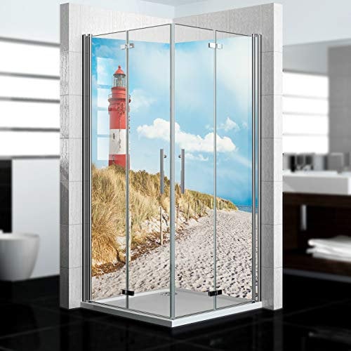 dedeco Alu Duschrückwand mit Leuchtturm V1 Motiv - 2 x 90x200 cm - als Badrückwand zum Fliesenersatz, passend für viele Bäder als Dekorwand aus hochwertigem Aluminium