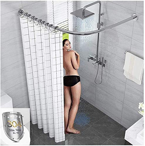 HNCS Barra De Cortina Curva BañO En Esquina Tipo L Sin Taladro RaíL para Cortina De Ducha Extensible Acero Inoxidable 304 para Un Plato De Ducha En Un RincóN,70 to 95 x 90 to 130cm