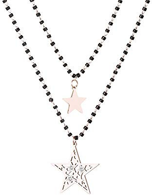 Ouran Collier avec pendentif en forme de cœur/lune et étoile pour femme, double couche, plaqué or rose, chaîne en acier inoxydable avec cristal noir, Cristal Acier inoxydable, Cristal