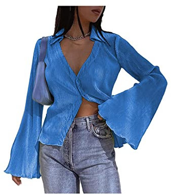 LYANER Women's Deep V Neck Button Front Bell Long Sleeve Blouse Shirt Top, Blue, Small