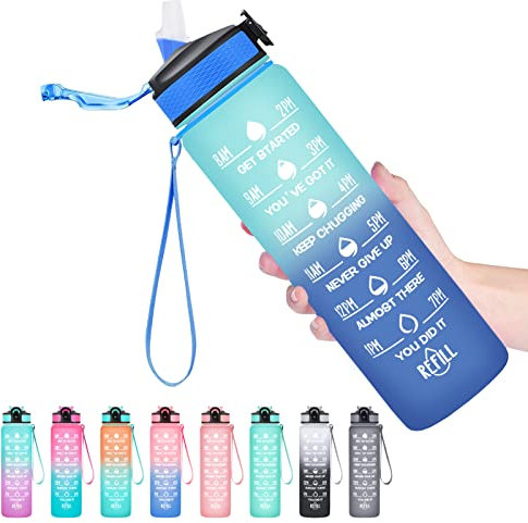 HYETA 32oz Wasserflasche mit Zeiten zum Trinken und Strohhalm, Motivierende Zeitmarkierungs-Wasserflaschen mit Riemen, auslaufsicher & BPA-frei, Gym & Outdoor, Grün-Blau