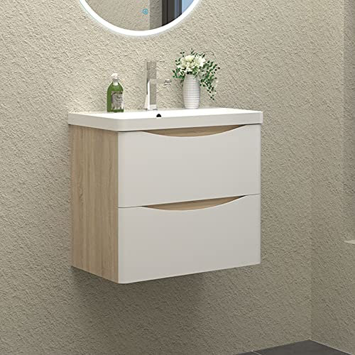 HAPAOSO Waschtisch mit Unterschrank 50 cm Breit Weiss + Holzfarbe Badmöbel Set Hängend 2 Soft-Close Schubladen MDF-Platte