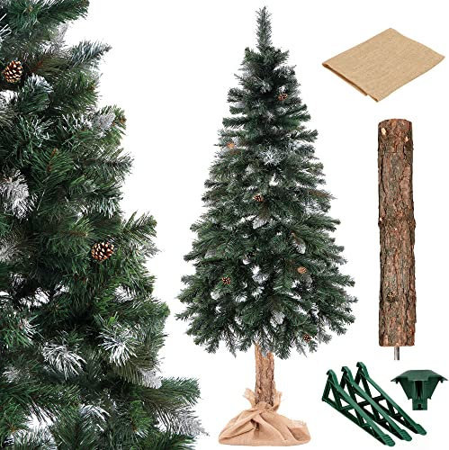 SPRINGOS Künstlicher Weihnachtsbaum 160 cm Diamantkiefer mit Naturstamm Kunstschnee und echten Zapfen
