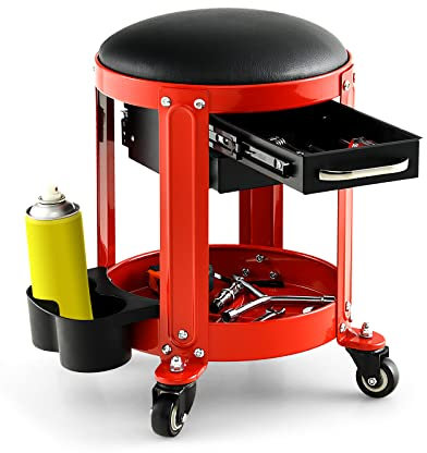 GYMAX Werkstatthocker, Werkstattsitz mit 4 Universalräder, Werkstattstuhl bis 150 kg belastbar, Mechaniker-Rollhocker mit Doppelschubladen & Dosenhalter, Montagesitz für Werkstatt & Garage