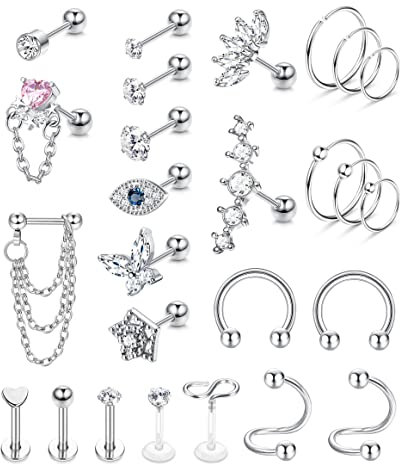 JeweBella 26 Stück 16G Chirurgenstahl Helix Piercing Knorpel Tragus Piercing Set für Damen Mädchen CZ Labret Piercing Knorpelohrstecker Nasenpiercing Conch Piercing Forward Helix Piercing Schmuck Set