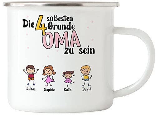 Kiddle-Design Oma Emaille Tasse Geburtstag Personalisiert für Oma Enkel Enkelin Baby Geschenk Kinder Oma Geschenk Muttertag 4 Kinder
