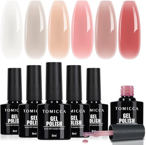 TOMICCA UV Nagellack Transparent Rosa Set, 6 Farben Gel Nagellack Soak-Off UV/LED Pink Serie Gel Geschenk für Nagelstudio DIY Home, 8ML