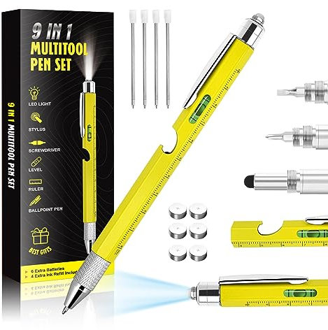 Cool Pen Gifts for Men, 9-in-1 Multi Tool Tech Pen Gadgets Tools for Men, Personalized Gifts for Dad or Him, Funny Gift for Christmas, Father's Day Valentines or Birthdays Gifts (9 IN 1 Yellow)