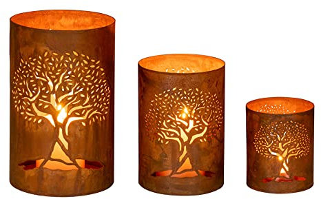 Windlichter Rost 3er Set Teelichthalter Lebensbaum Gartendeko Rostdeko Edelrost Kerzenhalter Tischdeko