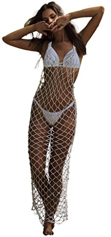 Ypser Vestido largo de malla para mujer, vestido largo con diamantes de imitación, para playa, blanco, M/L