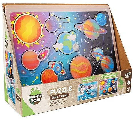 PLANÈTE BOIS 052466 Puzzle Das Sonnensystem oder die Eisdecke-FSC-Lernspiel-052466-8 Teile-Zufälliges Modell-Holz-Kinderspiel-Kinderpuzzle-30 cm x 22,5 cm-Ab 2 Jahren